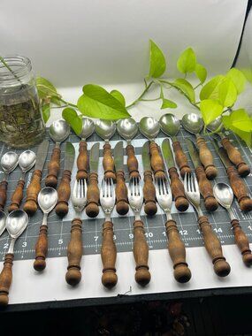 Vintage WMF Cromargan Burgund Flatware German Stainless Steel Hand Turned Teak